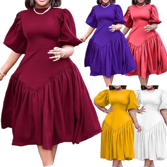 Long Puff Sleeve Pleat Casual Dresses Plus Size Fashion for Women