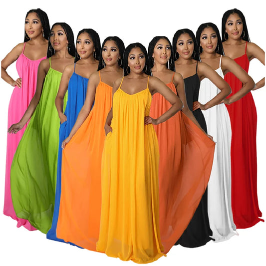 Women Casual Solid Color Backless Spaghetti Strap Long Chifon Dress