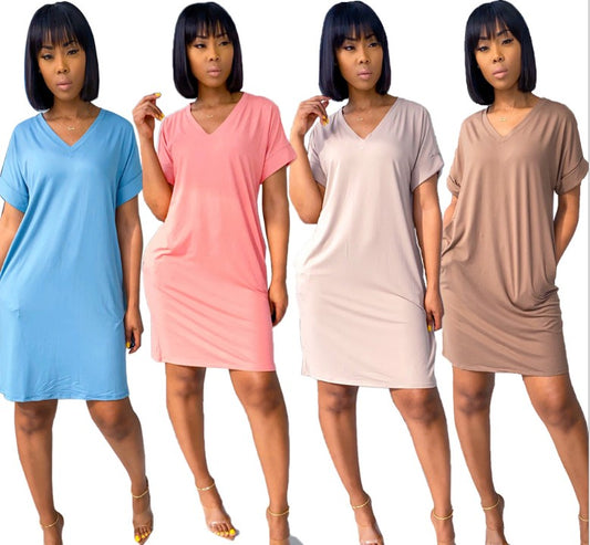 Women Summer v Neck Solid Short Sleeve Knee-Length Dress