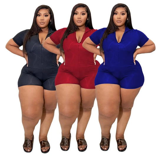 Plus Size Women Solid Color Zipper Up Romper for Women