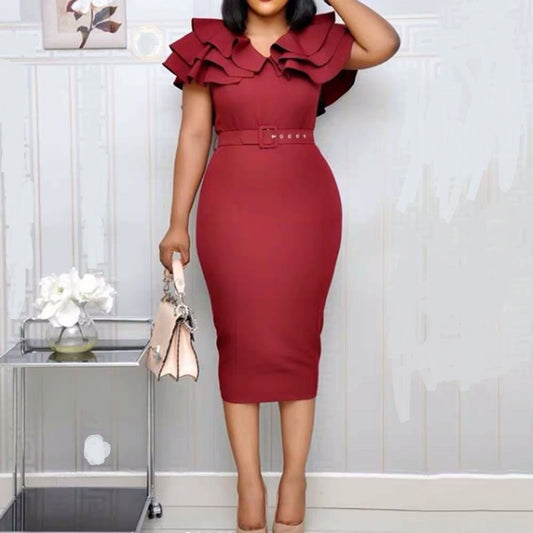 Women Wine Red Short Sleeve Ruffle Robe Vintage Split Bodycon Midi Dresses