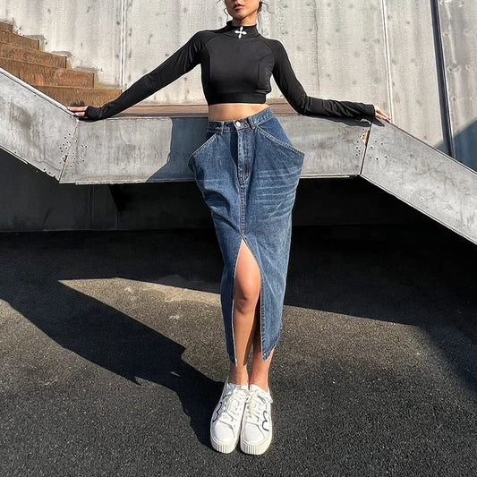 Big Pocket Washed Skirt Asymmetrical Denim Skirt Cargo for Women