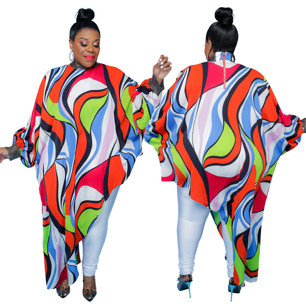 Plus Size Women Graphic See Through Long Sleeve Blouse
