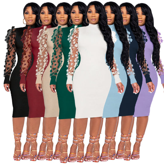 Women Mesh Sleeve Bodycon Knitted Dress