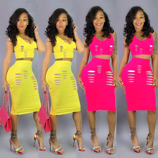 Fashion Solid Hole 2 Piece Women Summer Dress