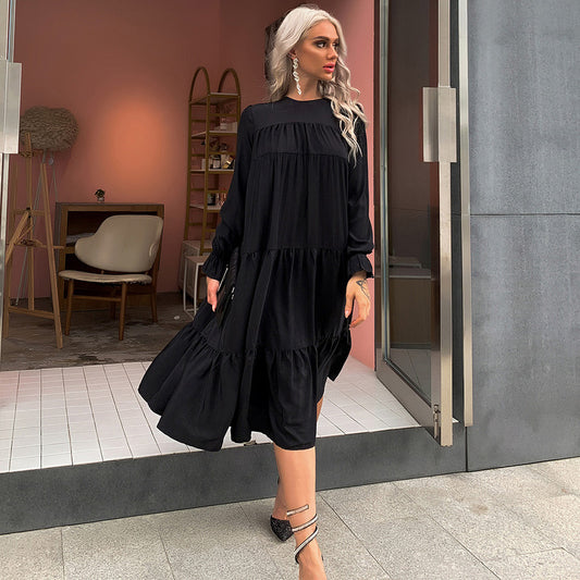 Women Casual Black Long Sleeve Round Neck Dress