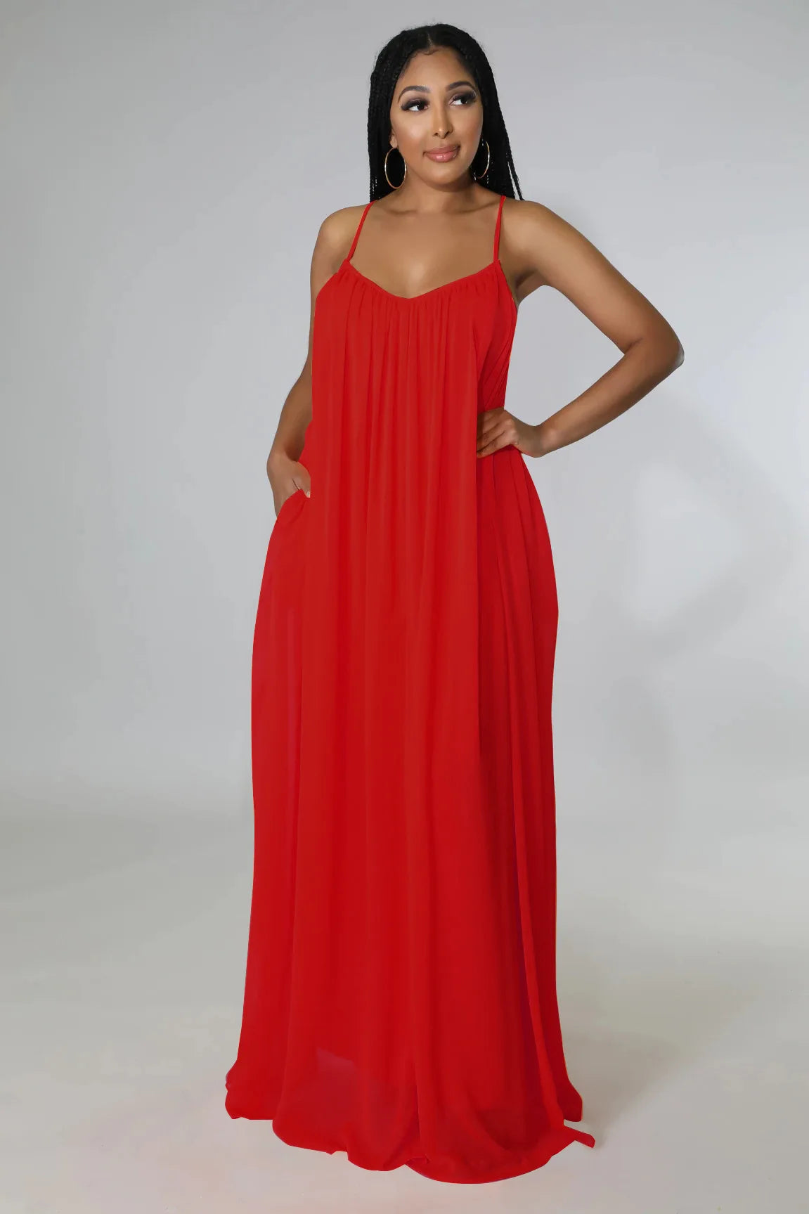 Women Casual Solid Color Backless Spaghetti Strap Long Chifon Dress