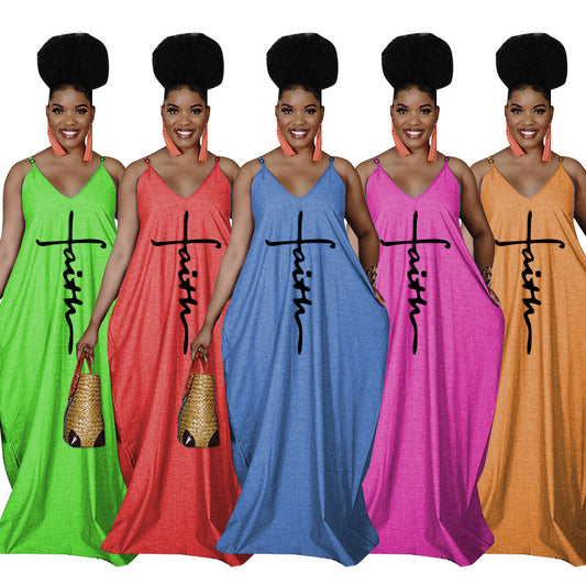 Summer Loose Faith Long Pocket Adjustable Spaghetti Strap Maxi Sundress