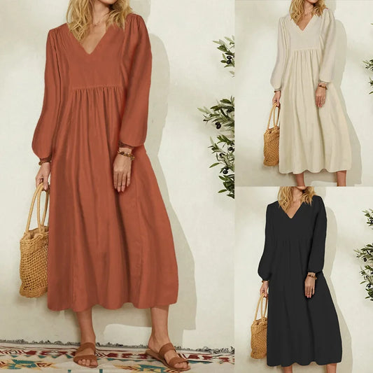 Women Casual Cotton and Linen Loose Lantern Sleeve Dress