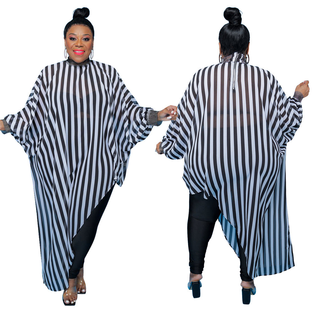 Plus Size Women Graphic See Through Long Sleeve Blouse