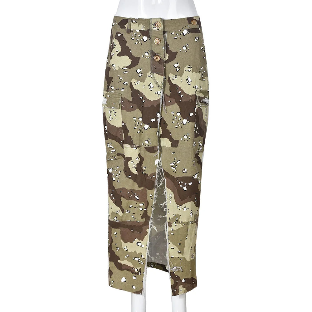 Women Camo Pocket Long High Slit Tassel Denim Skirt