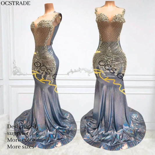 Women Modest Floor-Length Mesh Rhinestone Pink Mermaid Plus Size Prom Dress