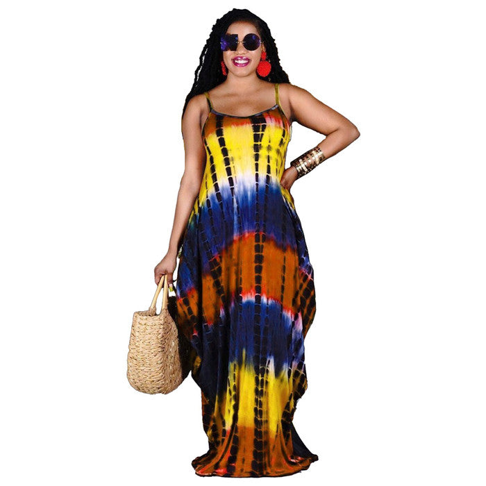 Women Tie Dye  Printing Sleeveless Maxi Sundress
