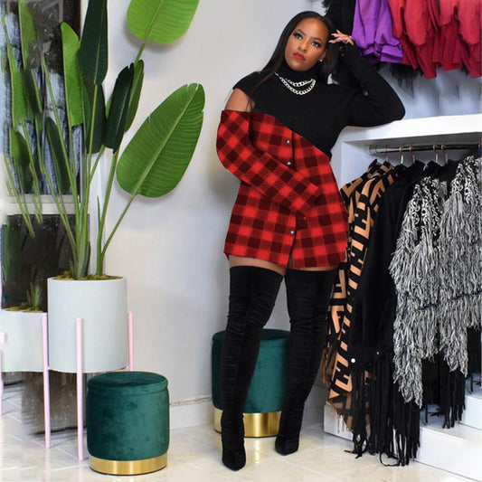 Plaid Turtleneck With Hole Zip Plus Size Women's T-Shirts