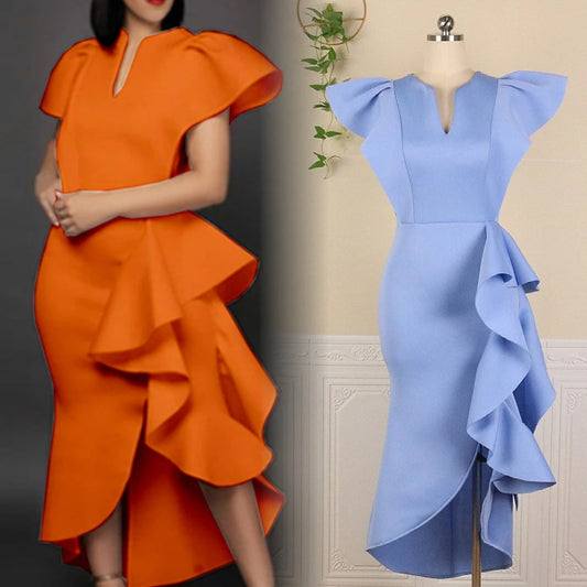Women Temperament Elegant Ruffles Plus Size Slim Fit Irregular Hem Dress