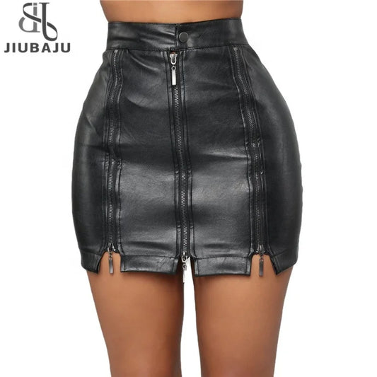 Women Pu Leather a Line Skirt Three Full Zip Pocketed