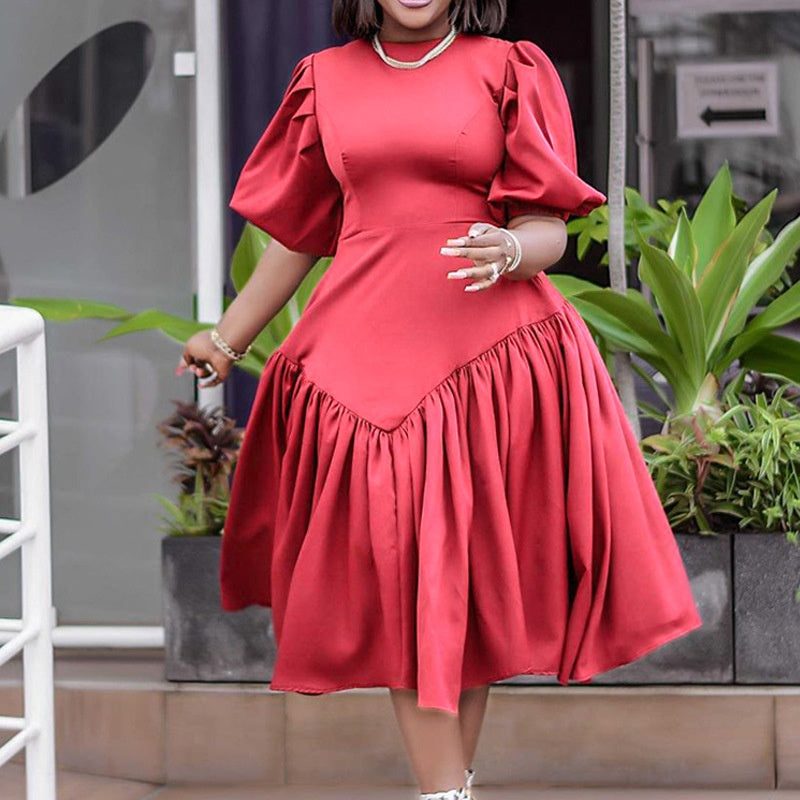 Long Puff Sleeve Pleat Casual Dresses Plus Size Fashion for Women