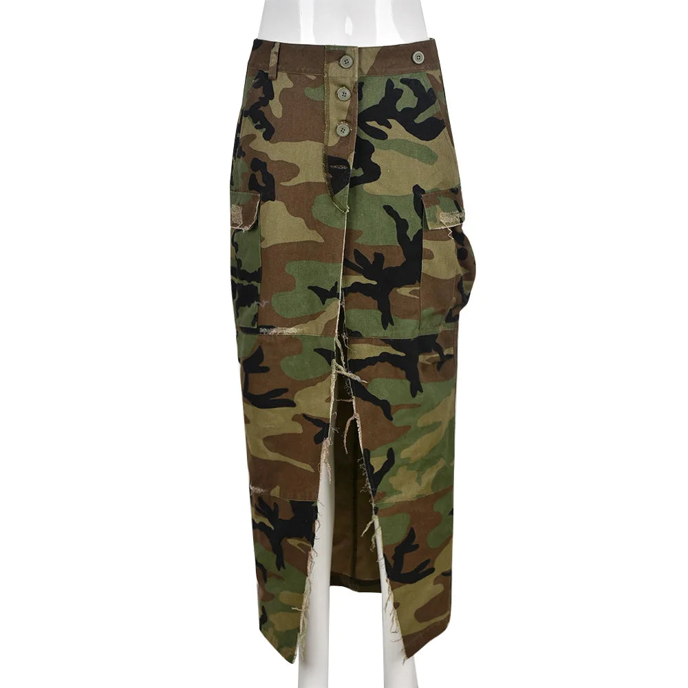 Women Camo Pocket Long High Slit Tassel Denim Skirt