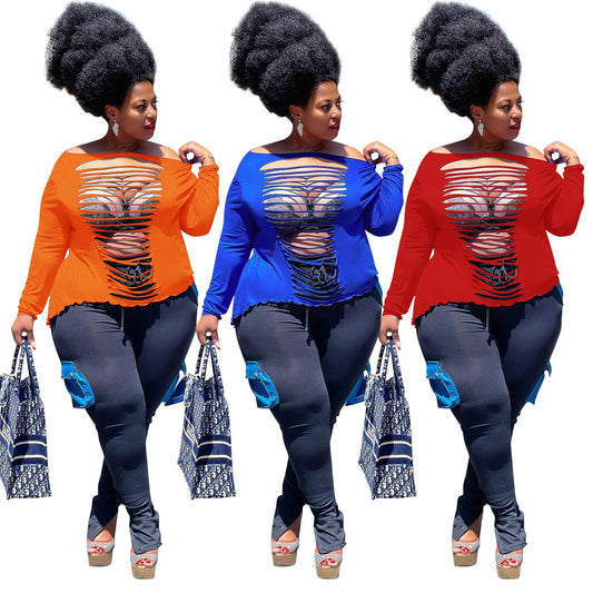 Plus Size Women Solid Color Ripped Long Sleeves Women's Shirts