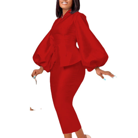 Women High Waist Slim Formal Stand Lantern Sleeve Long  Dress