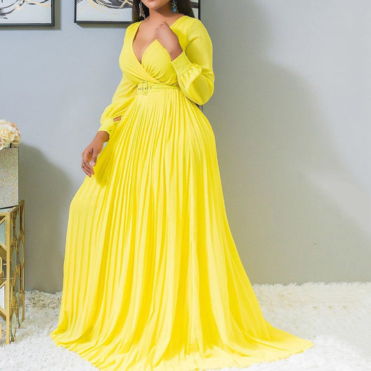 Fashionable Deep v Neck Floor-Length Fall Dress for Women in Plus Sizes