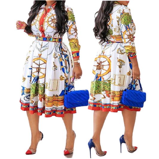 Wome's Printed Long Sleeve High Waist Floral African Dress