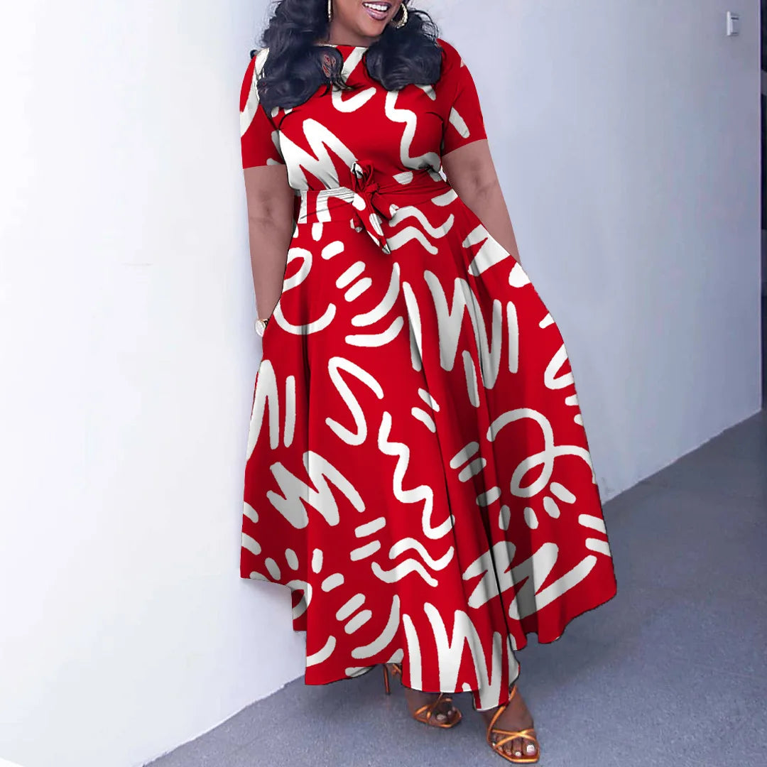 Women Casual Short Sleeve Lace Up Long Dress