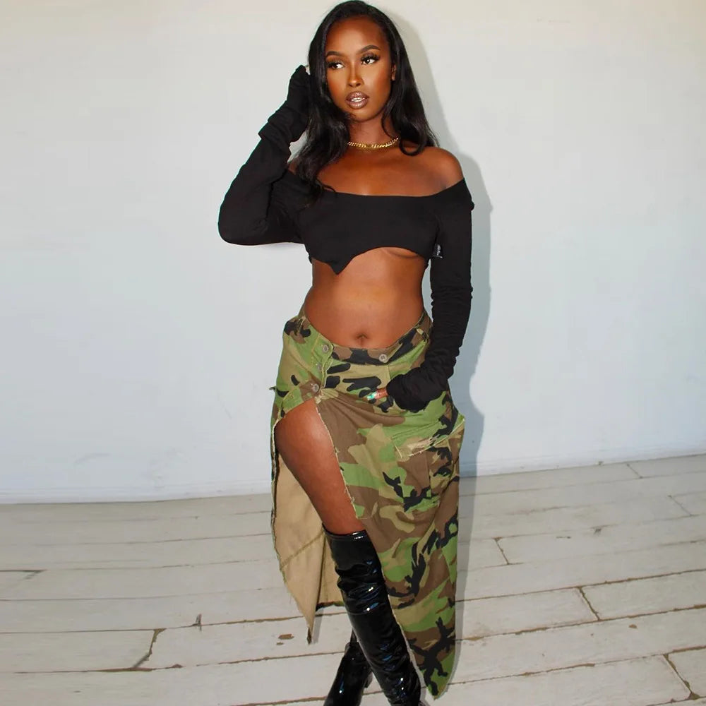 Women Camo Pocket Long High Slit Tassel Denim Skirt
