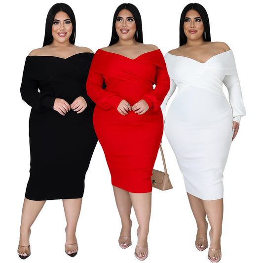 Women's Casual Dresses Off Shoulder Long Sleeve Midi Bodycon Dress
