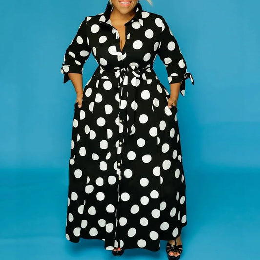 Women Vendor Long Sleeve Sexy Polka Dot Printed Plus Size Maxi Dress
