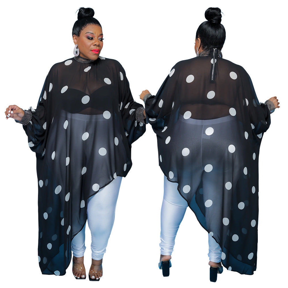Plus Size Women Graphic See Through Long Sleeve Blouse