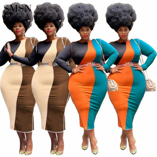 Patchwork Long Sleeve Plus Size Bodycon Dress for Women