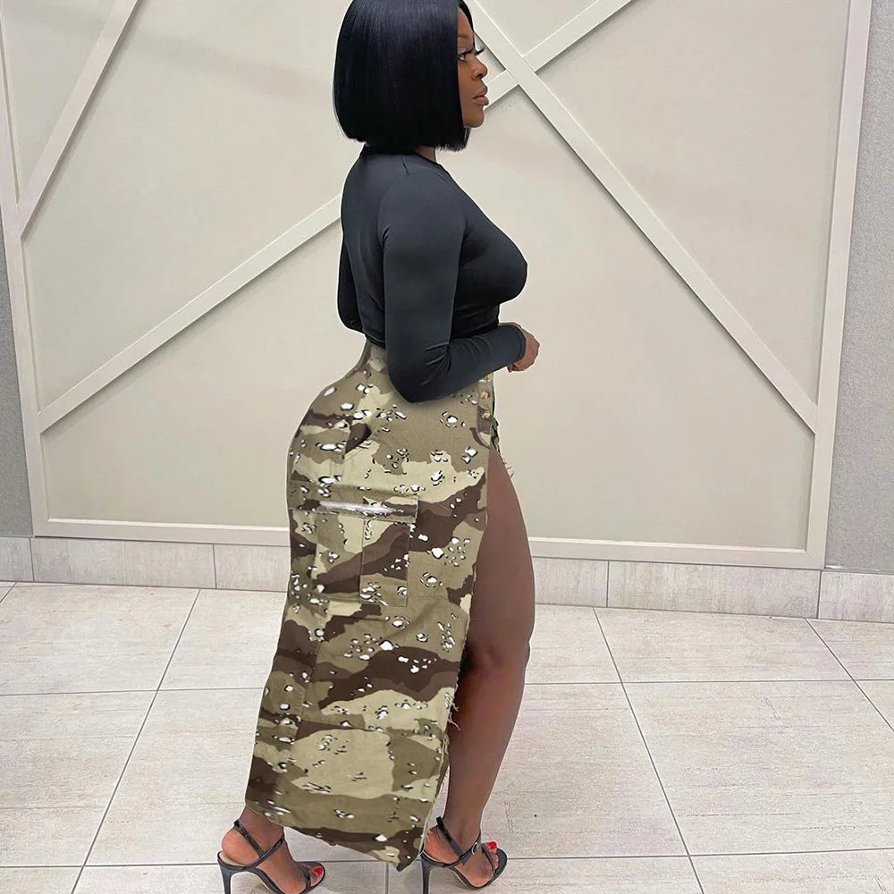 Women Camo Pocket Long High Slit Tassel Denim Skirt