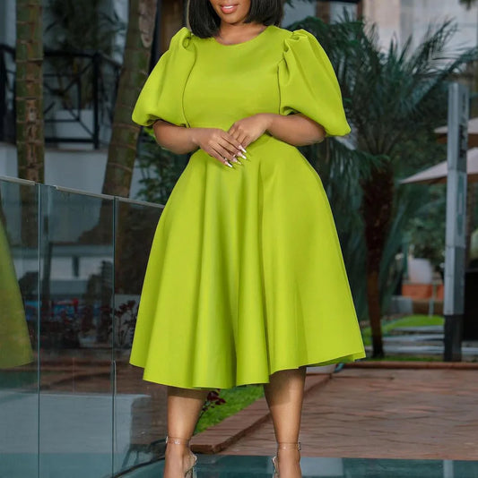 Trendy O-Neck Puff Sleeve High Waist Big Swing A-Line Women Dress in Plus Sizes