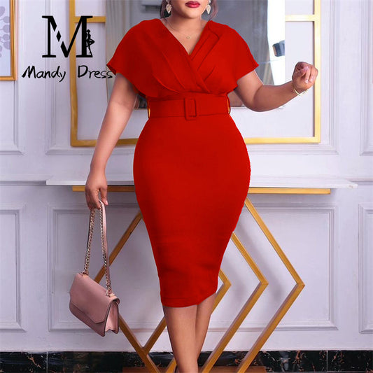 Elegant v Neck Belt Office Bodycon Cocktail Dress for Women