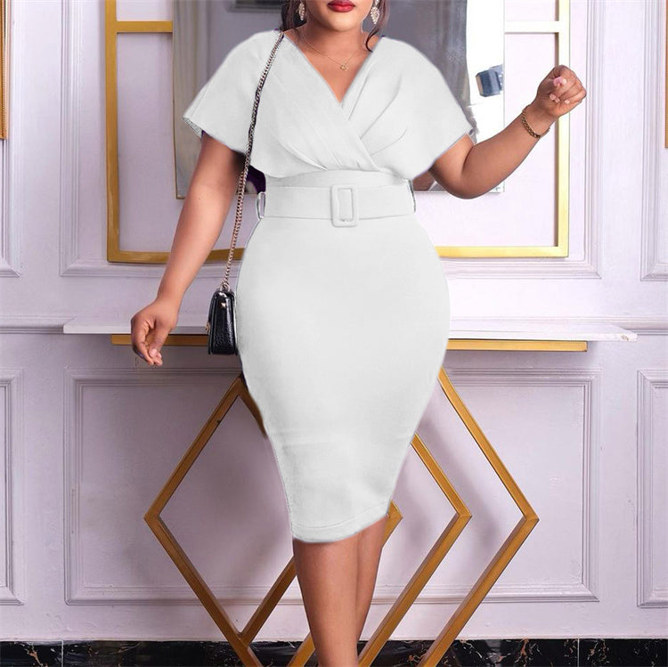 Elegant v Neck Belt Office Bodycon Cocktail Dress for Women