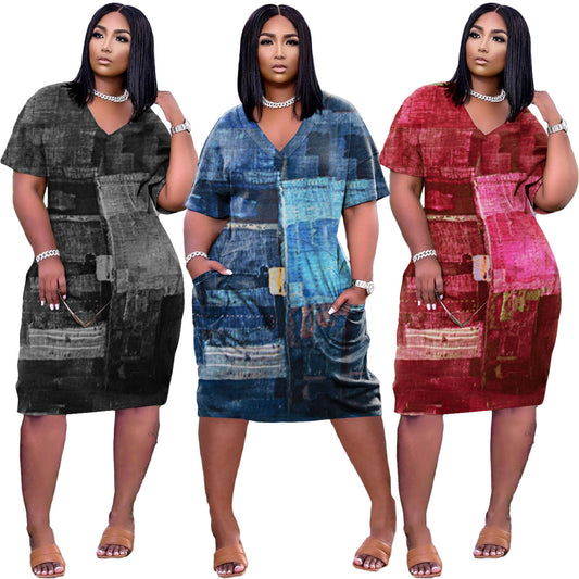 Short Sleeve v Neck Loose Print Women Mini Dress