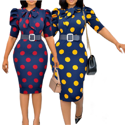 Women Bow Tie Polka Dot Puff Sleeve Office Dress in Plus Sizes