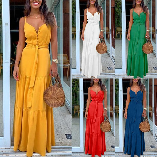 Summer Sleeveless Strapless Halter Button Up Solid Color Sundress