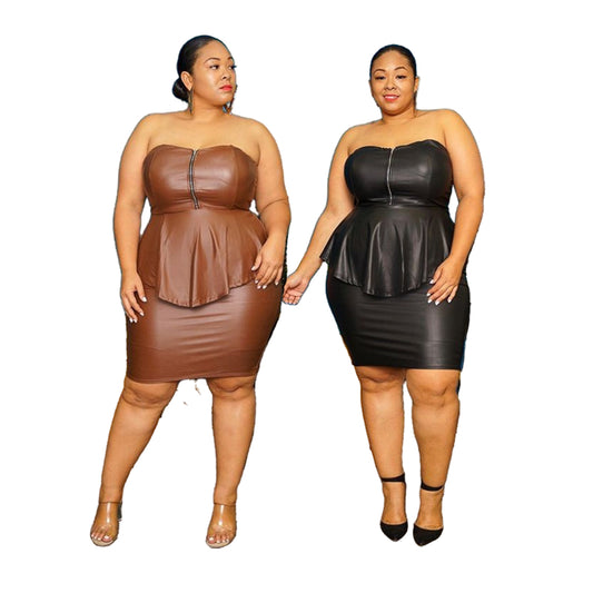 Women  Strapless PU Leather Skirts Set inPlus Size