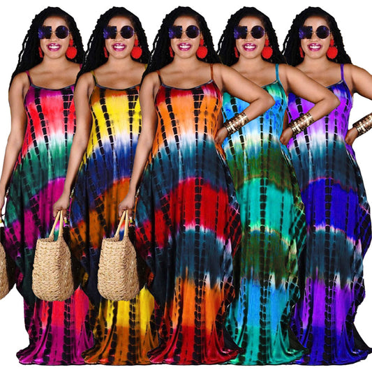 Women Tie Dye  Printing Sleeveless Maxi Sundress