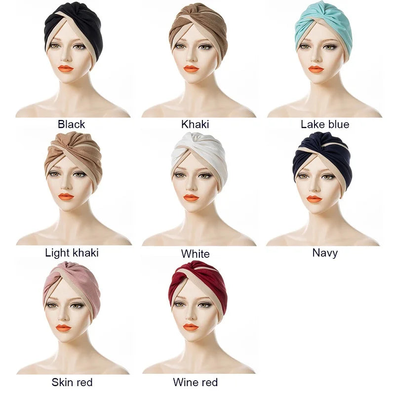 New Women Fashion Twisted Indian Hats Two Color Stitched Forehead Cross Folded Muslim Hijab Ladies Pleated Hijab Hat
