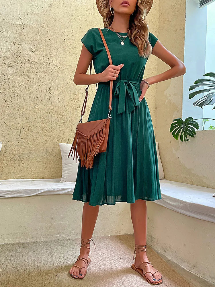 Women Summer Beach Short Sleeve Pleated Midi Dress