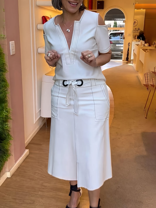 [Cold Shoulder Outfits] 2pcs Cold Shoulder Women's Contrast Trim Short Sleeve Plunge Neck Top & Bodycon Tie Waist Sheath Skirt Set, Cold Shoulder Outfits For Women