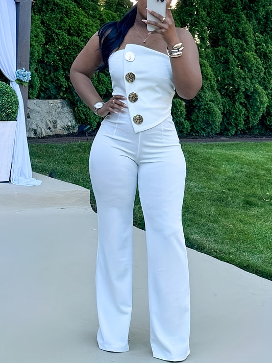 Women's Sleeveless Strapless Bodycon Jumpsuit - Stretchy High-Waisted Wide-Leg Romper with Golden-Tone Buttons, Solid White Elegant Outfit for All Seasons, Hand Wash Only, Allseason Fashion | Offshoulder Style | Sophisticated Tailoring