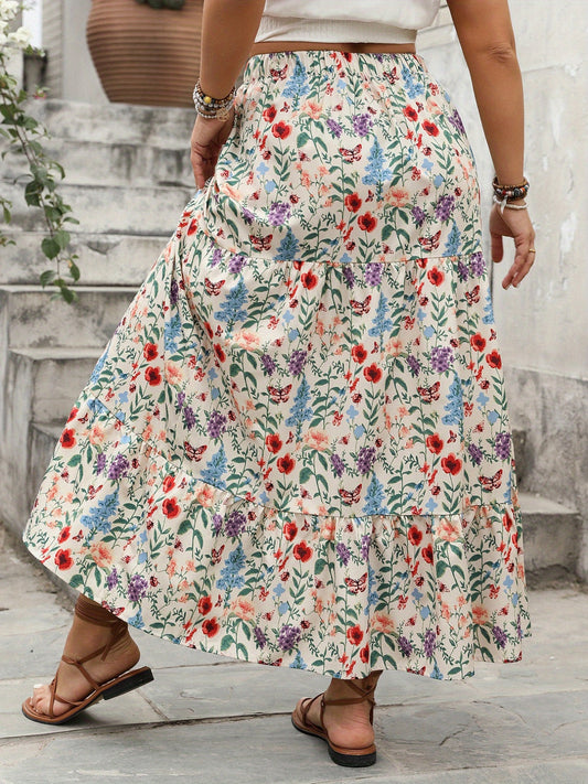 A Plus Size Women'S Bohemian Fashion Floral Print Elastic High Waisted Skirt Suitable for Daily Wear, Midi Skirt