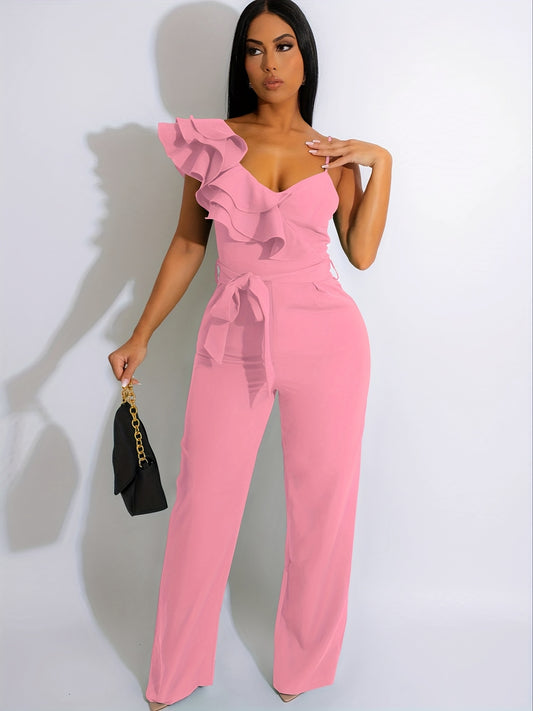 Womens Casual One Piece Jumpsuits V-Neck Sleeveless Ruffle Elegant Romper Wide Leg Pant Sexy Party Clubwear Overalls