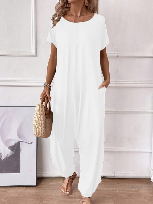[Medium Stretch Jumpsuit For Women] Vibrant Solid Color Short Sleeve Jumpsuit For Women - Casual Baggy Romper With Pocket, Medium Stretch Polyester Fabric, Machine Washable, Perfect For Spring And Summer