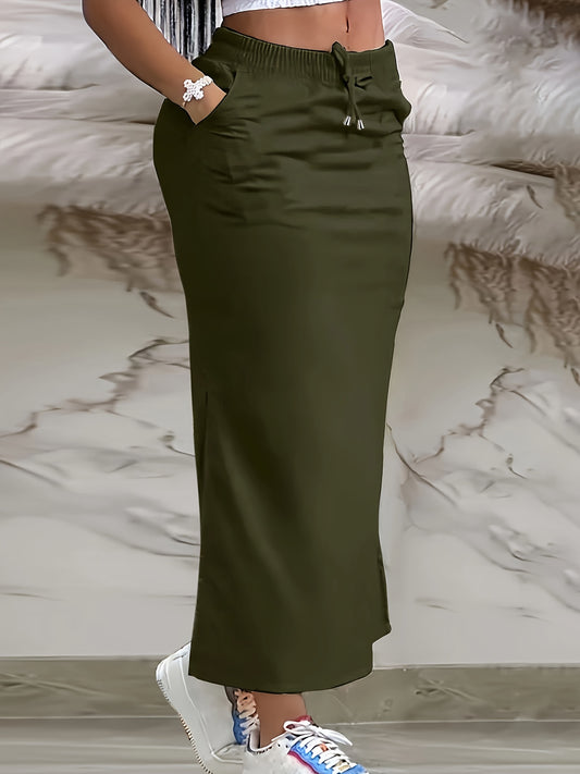 Elegant Solid Color Midi Skirt with Belt & Pockets - Split Hem, Stretchy Polyester, Machine Washable - Women's Fashion