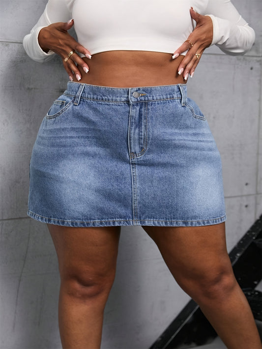 Women'S Plus Size Denim Skirt - High Waisted A-Line Mini Skirt Classic Stretch-Free Jean Short Skirt With Pockets, Button & Zipper Closure, Sexy Casual Denim Skirt For Women